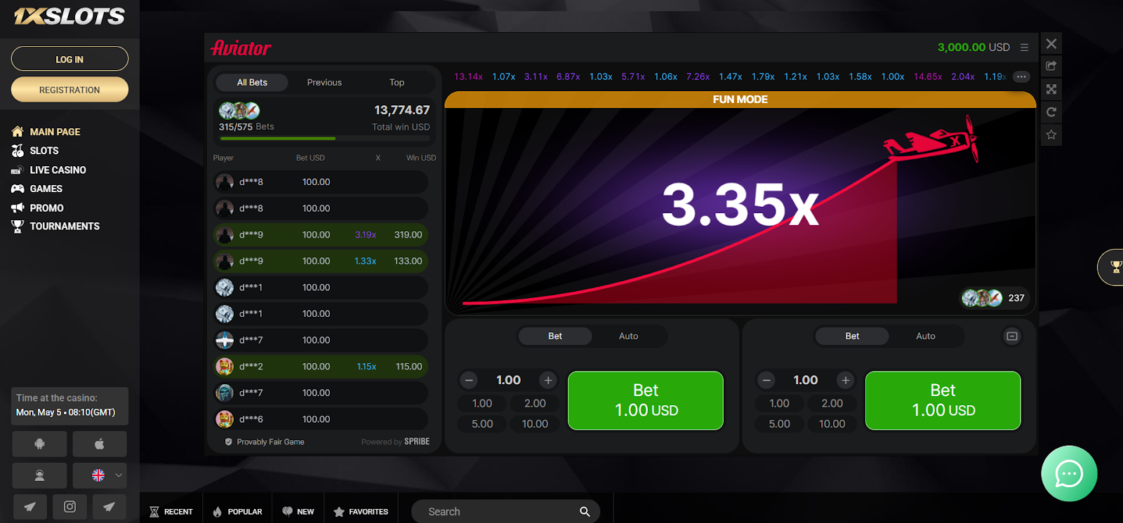 1xSlots Aviator interface
