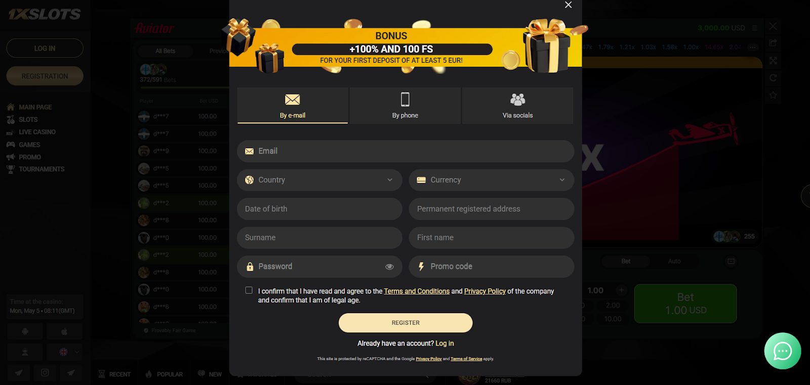 Registering for 1xSlots Aviator