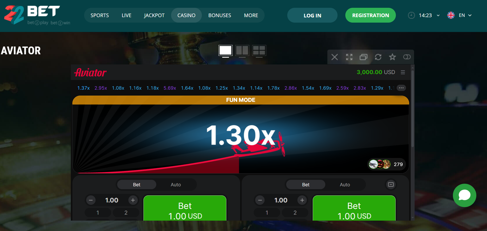 22bet aviator demo mode