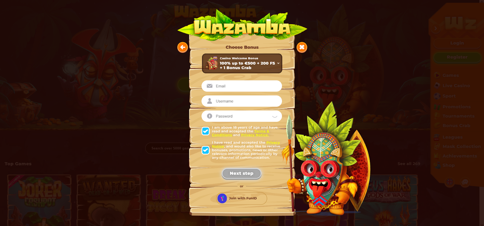 Registration and Login on Wazamba