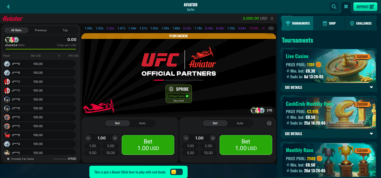 Spinanga Aviator interface