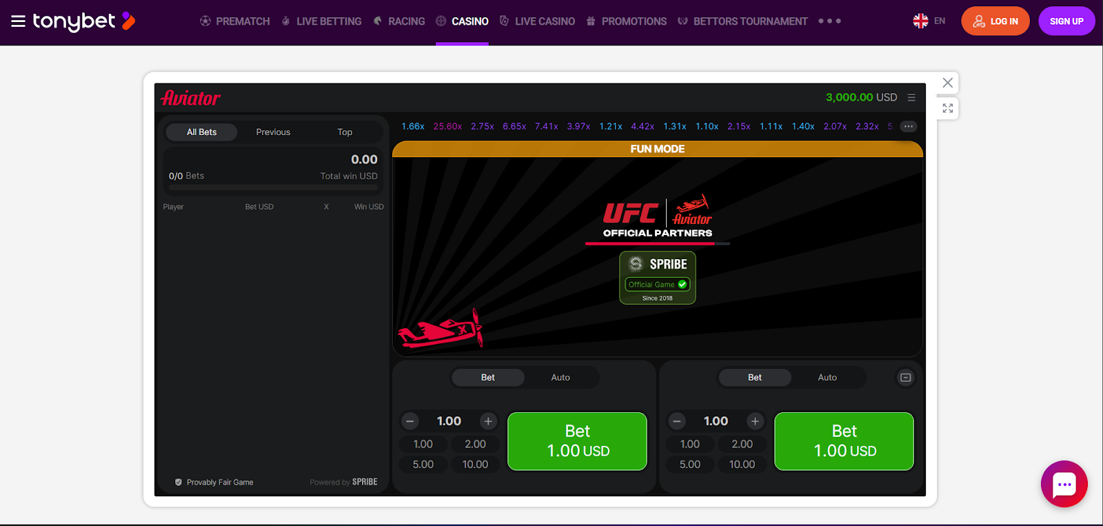 TonyBet Aviator interface