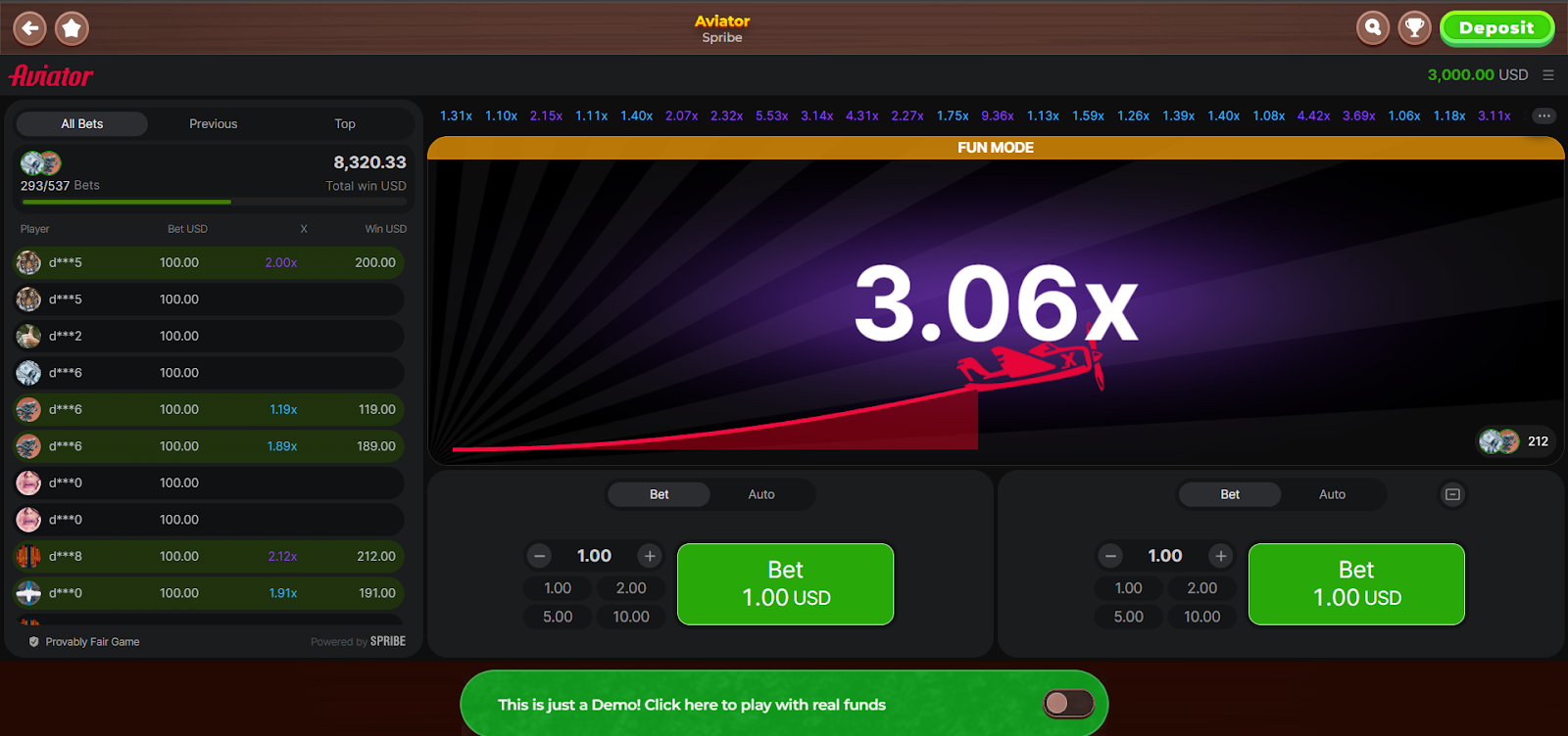 Wazamba Aviator interface